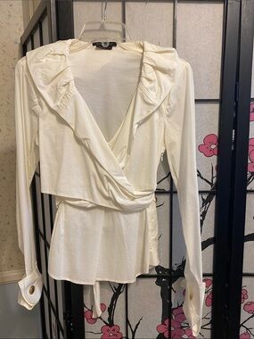 BCBGMaxAzria Ivory Wrap-Style Blouse with Ruffle Neck